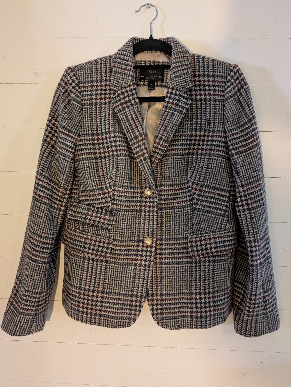 J Crew Ladies Schoolboy Wool Blazer Houndstooth with Subtle Burgundy Accents